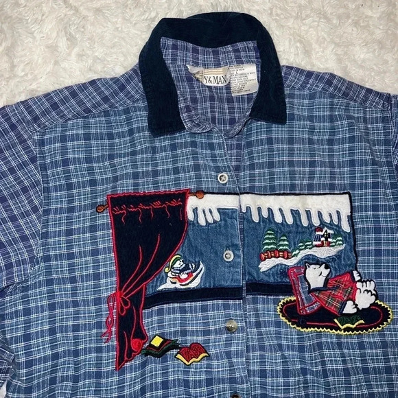 Casey & Max Vintage Plaid Polar Bear Flannel Button Up Size L Christmas / Winter - Picture 1 of 3